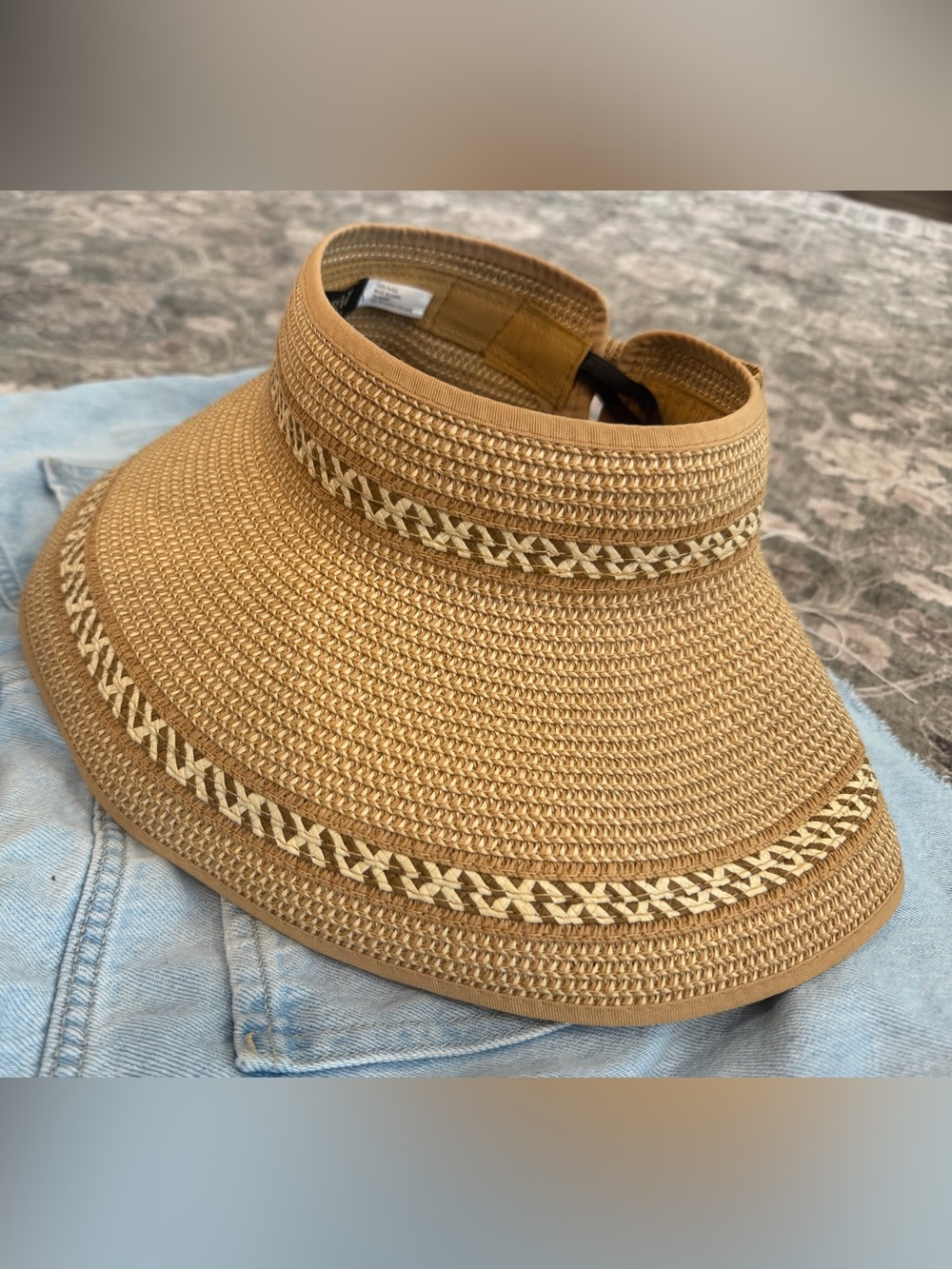 Rollable packable Wide Brim Sun Hat - Tan with Woven Cream Accent